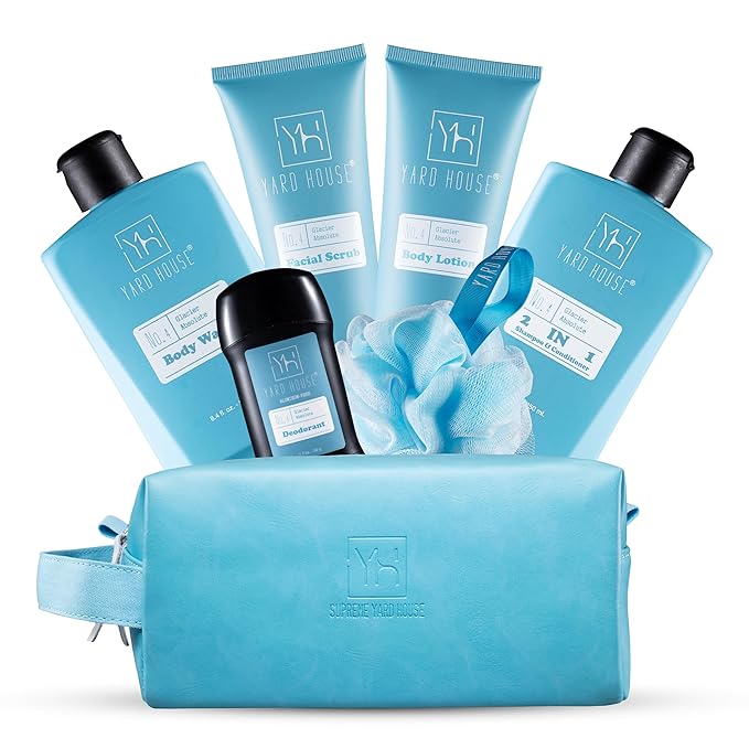 Bath and Body Mens Gift Set - Glacier Absolute - Premium Fathers Day Birthday Christmas Gifts Ideas For Him - Skin Care Kits For Men in Leather Toiletry Bag w. Full Size Items