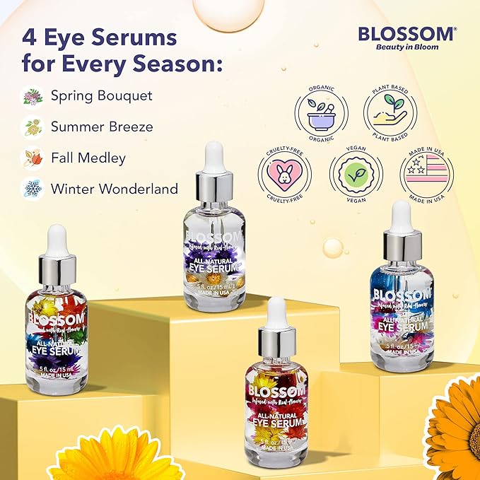 Blossom All Natural Eye Serum with Essential Oils, Organic Cruelty Free Moisturizing, Infused with Real Flowers, Made in USA, 0.5 fl. oz., Summer Breeze