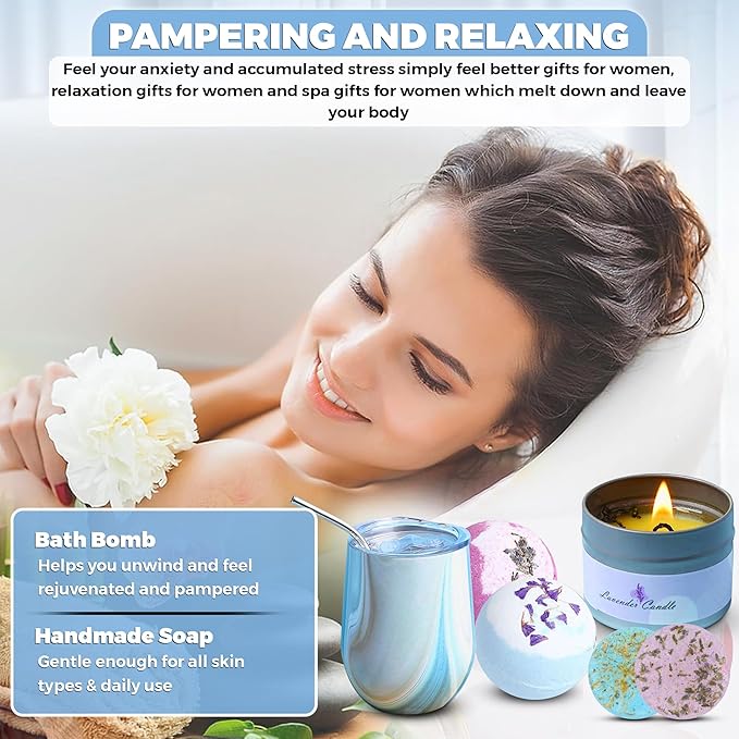 Birthday Gifts for Women – Relaxing Spa Care Package with Wine Tumbler, Bath Bombs, Candle & Socks – Self Care Gift Box for Her