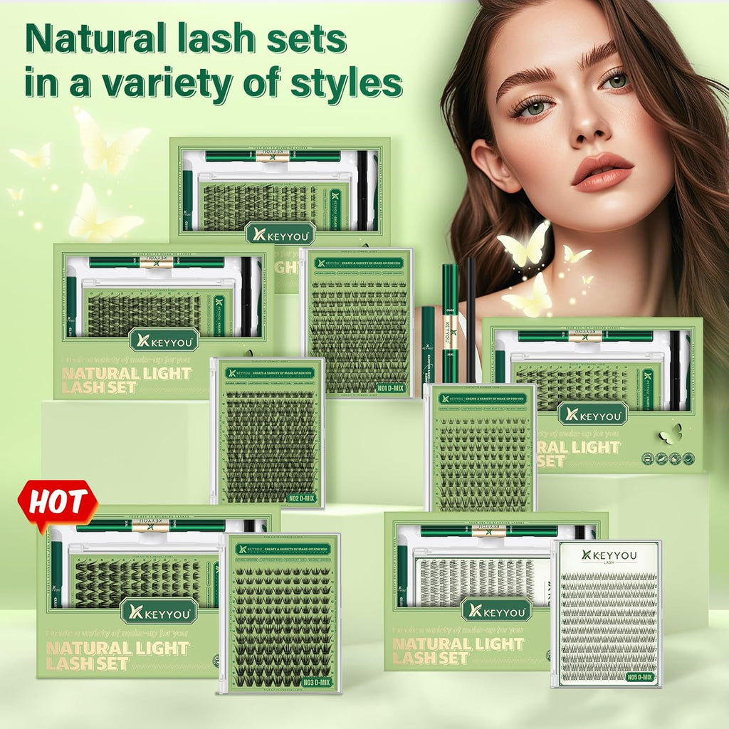 KEYYOU Natural Lash Clusters Kit 144Pcs DIY Lash Extension Kit Wispy Eyelash Extensions Kit D Curl 10-12MIX with Bond and Seal and tweezers with Thin Lash Band(KIT-N05-D-10-12MIX)