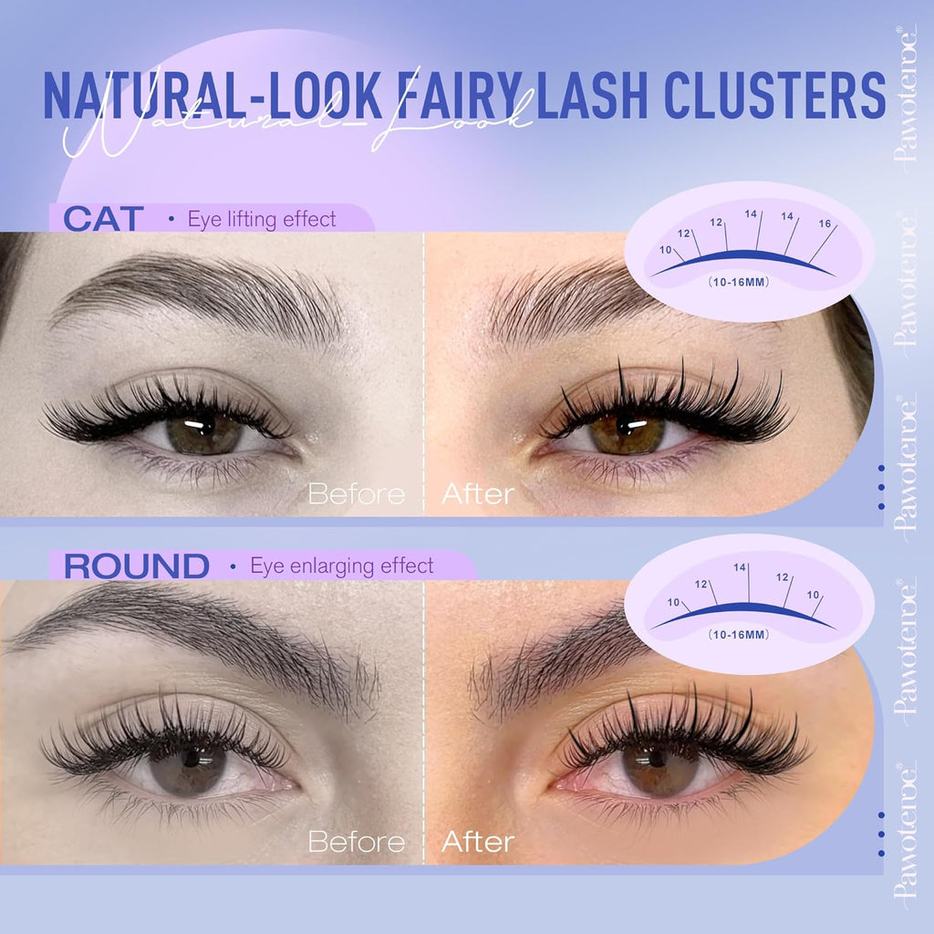 Pawotence Natural Lash Clusters Kit Eyelash Clusters 10-16mm Fairy Cluster Lashes Extension Kit Individual Lashes Cluster Wispy with Lashes Cluster Glue, Tweezers for Cluster Eyelash Extensions Kit