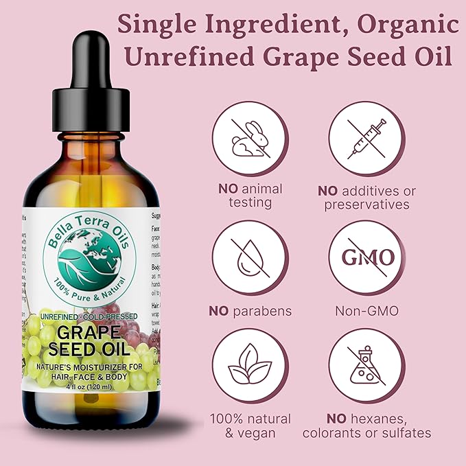 Bella Terra Oils - Organic Grape Seed Oil 2 oz - Cold-Pressed, Abundant in Vitamin E & C, Linoleic Acid, Omega-6 Fatty Acids, A Luxurious Elixir for Radiant Skin