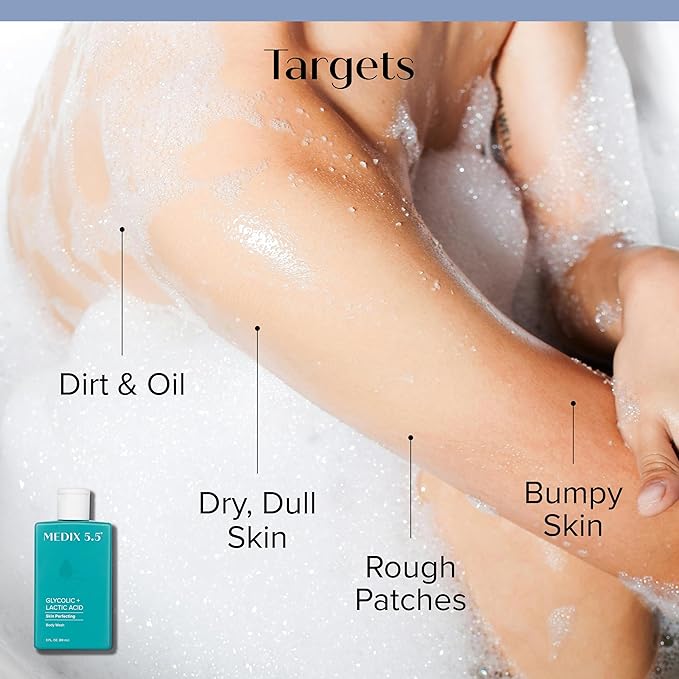 MEDIX Glycolic Acid + Lactic Acid Exfoliating Body Wash Gel | KP Bump Eraser | AHA Exfoliant Skin Care Body Cleanser | Keratosis Pilaris & Acne | Foaming Face Wash, 3 Fl Oz Travel Size, 3-Pack