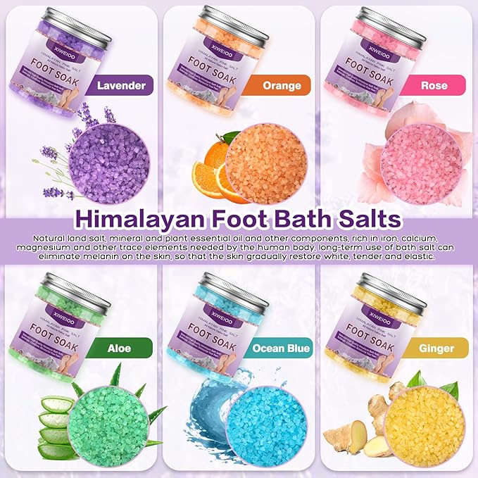 Foot Soak 6 Himalayan Foot Bath Salt Set Orange Lavender Aloe Ocean Blue Himalayan Pink Salt Rose Feet Soak kit with Epsom Salt,Soothe Joint Soreness, Tired Feet, Softens Calluses