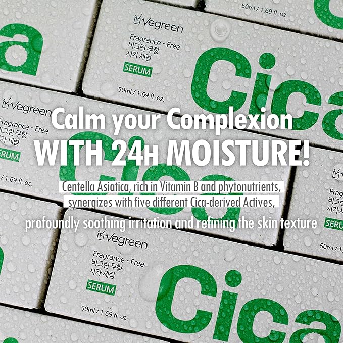 VEGREEN Fragrance-Free Cica Serum | Centella Asiatica Enriched Face Serum for Women & Men | Alcohol-Free Centella Unscented Serum Face Moisturizer | Hydrating Serum for All Skin Types 1.69 fl oz