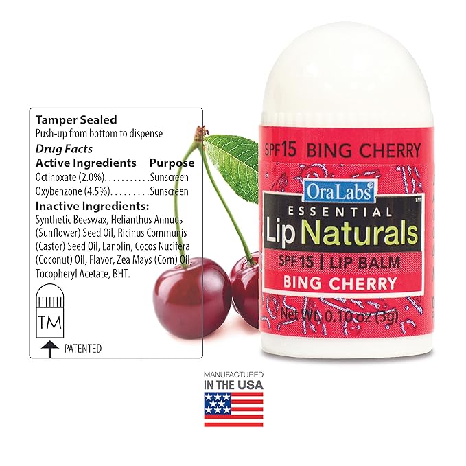 Lip Naturals Assorted Mini Lip Balms with Sunscreen (SPF-15) & Keychain - 12 Count, 3 Flavors: Tea Tree Mint, Vanilla Bean, Bing Cherry (0.10oz/3g Each) - Made in USA