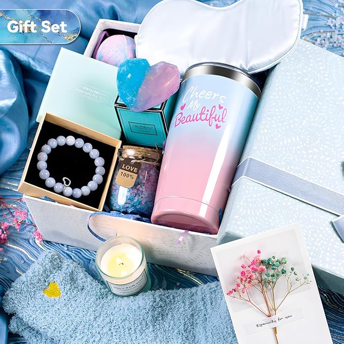 Gift Basket,Get Well Soon Gifts for Women,Relaxing Spa Gift Basket Set,Birthday Gifts for Women,Gift Basket Set for Mom Sister Best Friend Teacher Nurse Cowoker,Blue and Pink Gift Basket