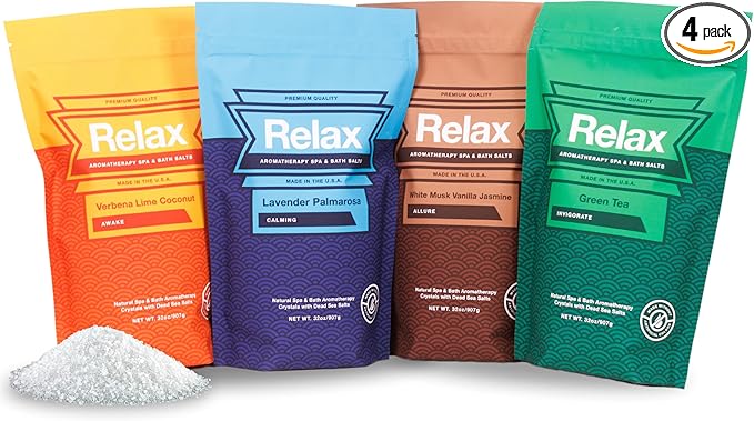 Relax Spa & Bath, Epsom & Dead Sea Salts, Aromatherapy Bath Salts for Hot Tub, Bath, or Spa, Infused with Magnesium, 4 Pack, Escape Therapy