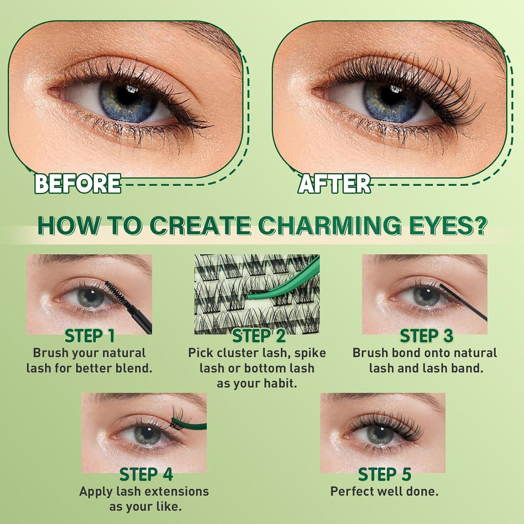 KEYYOU Natural Lash Clusters Kit 144Pcs DIY Lash Extension Kit Wispy Eyelash Extensions Kit D Curl 8-18MIX with Bond and Seal and tweezers with Thin Lash Band(KIT-N01-D-8-18MIX)