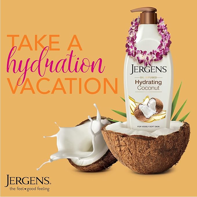 Jergens Hydrating Coconut Body Lotion, Hand and Body Moisturizer, Infused with Coconut Oil, Hydrates Dry Skin Instantly, Dermatologist Tested, 16.8 oz, Pack of 3