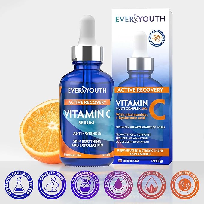 Vitamin C Serum 20%, Anti Aging Stem Cell Serum for Face with Hyaluronic Acid, Collagen Peptides, Vitamin E, Korean Skin Care Brightening Dark Spot Corrector for Wrinkles, Age Spots & Fine Lines, 1 oz