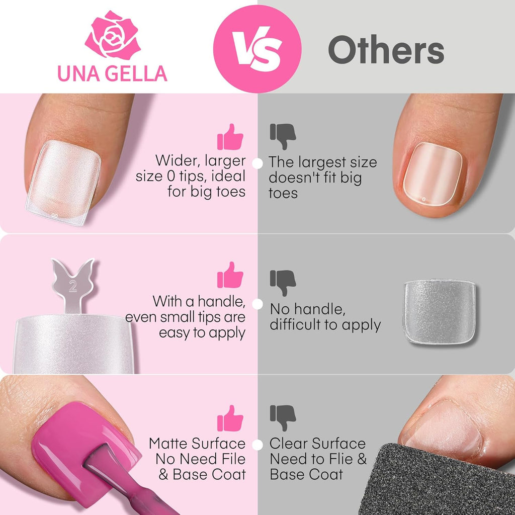 UNA GELLA Square Toe Nail Tips For Big Toe, 504Pcs 15Sizes Soft Gel Full Cover Toe Nail Tip Pre-buff Fake Acrylic Toe Nail Press Ons Soak Off Pedicure For Nail Extensions Home DIY Nail Salon