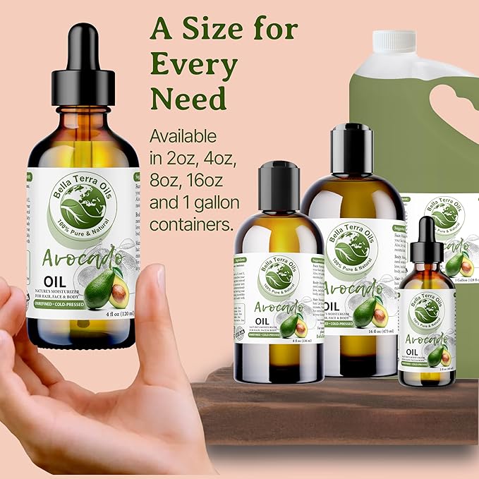 Bella Terra Oils - Avocado Oil 16oz - Cold-Pressed Purity, Unveiling Avocado's Nutritional Treasures, Perfect Carrier Oil for Blending Essentials
