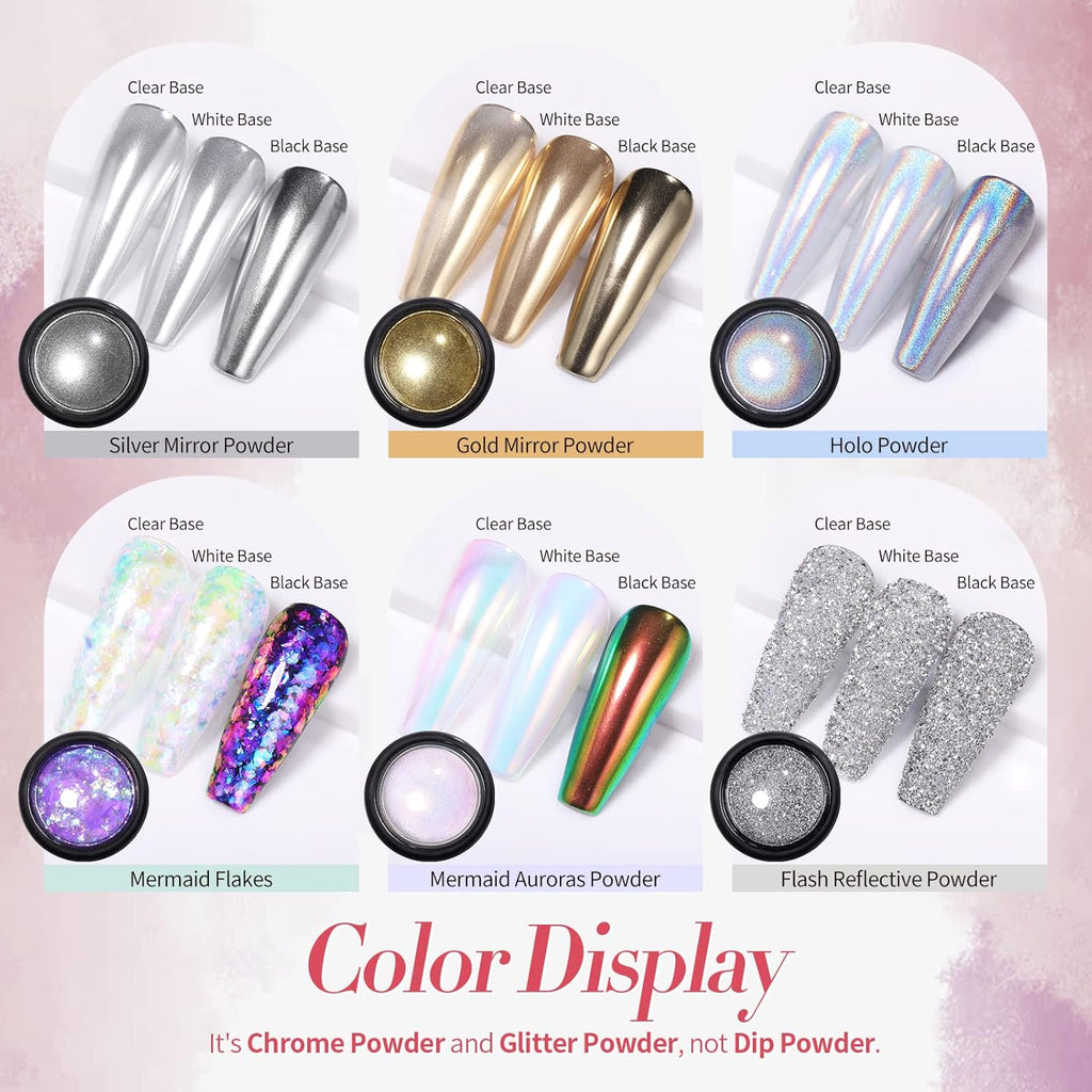 BORN PRETTY Chrome Nail Powder Holographic Nail Art Auroras Mermaid Pearl Nail Powder Reflective Glitter Manicure Pigment Chrome Powder 6 Boxes