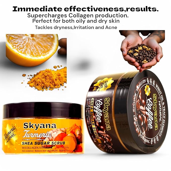 Organic Lemon&turmeric Shea Sugar Scrub with Collagen, Vitamin C, 250g, Brightening Body and face Scrub.Anti-oxidation removal pimples.Exfoliator.