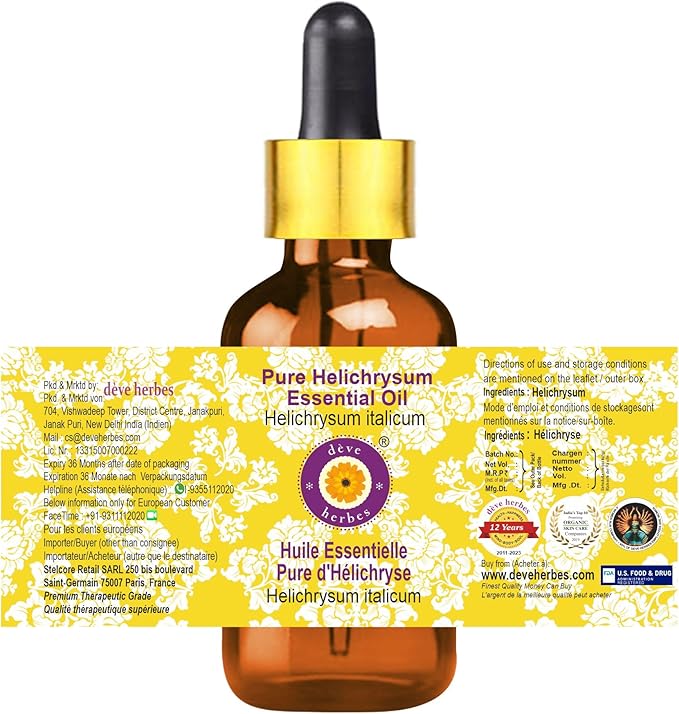 Deve Herbes Pure Helichrysum Essential Oil (Helichrysum italicum) with Glass Dropper Steam Distilled 2ml (0.06 oz)