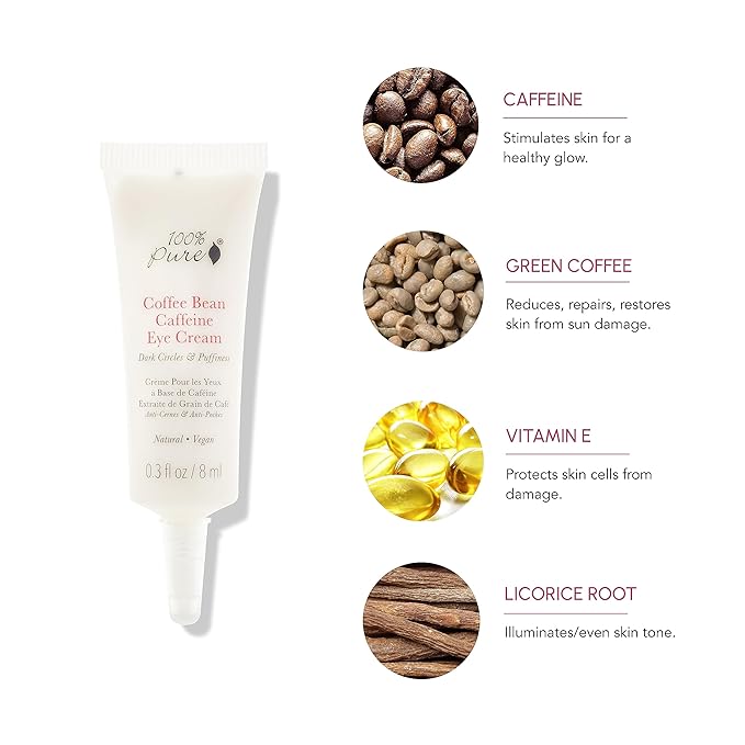 100% PURE Coffee Bean Caffeine Eye Cream Refresh & Hydrate Under Eye Treatment Reduce Puffiness, Dark Circles, Wrinkles with Green Tea, Rose Hip, Vitamin E - Youthful Vibrant Eyes - Vegan - .3 oz
