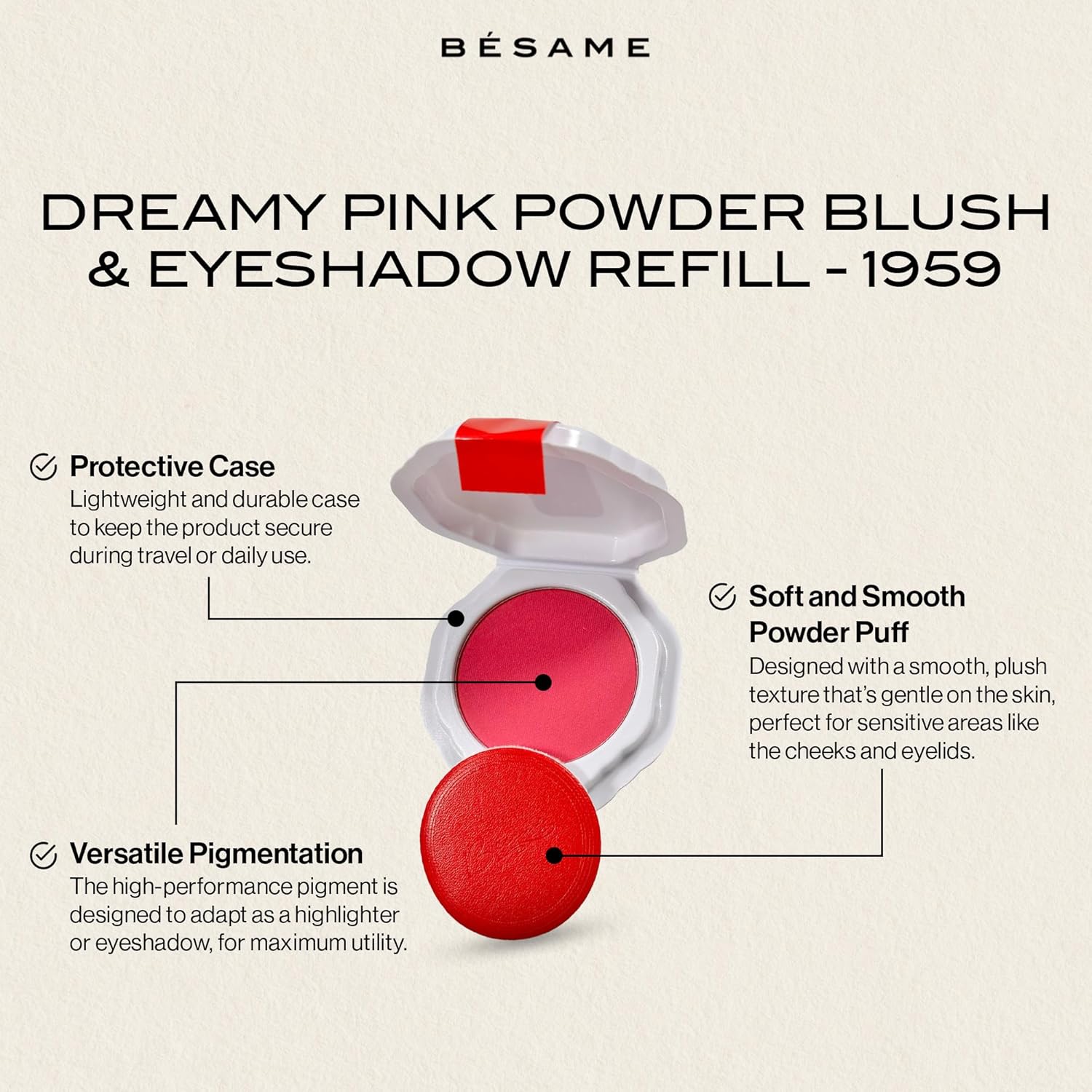 Besame Dreamy Pink Powder Blush & Eyeshadow 1959 Refill | Fits Signature Compacts Post-2019 | Deep Fuchsia Pink | 1950s Inspired Beauty | 2-In-1 Cheek & Eyelid Highlighter | Sustainable Beauty Routine
