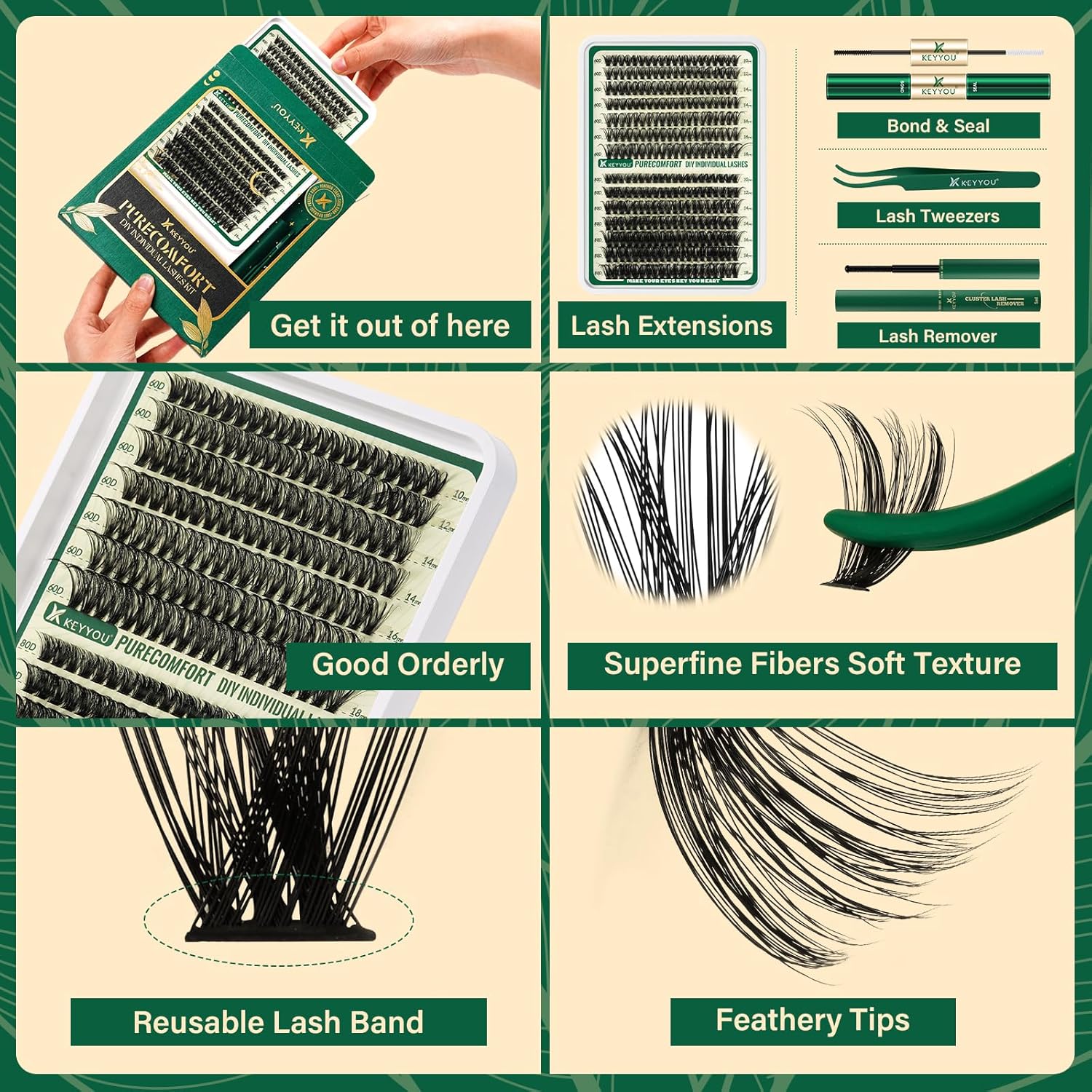 KEYYOU DIY Lash Extension Kit 280pcs Soft Lash Clusters 60D+80D D Curl Easy to Apply with Lash Bond and Seal Lash Applicator Lash Remover Eyelash Extension Kit at Home(RMkit-60D80D-D-10-18mix)