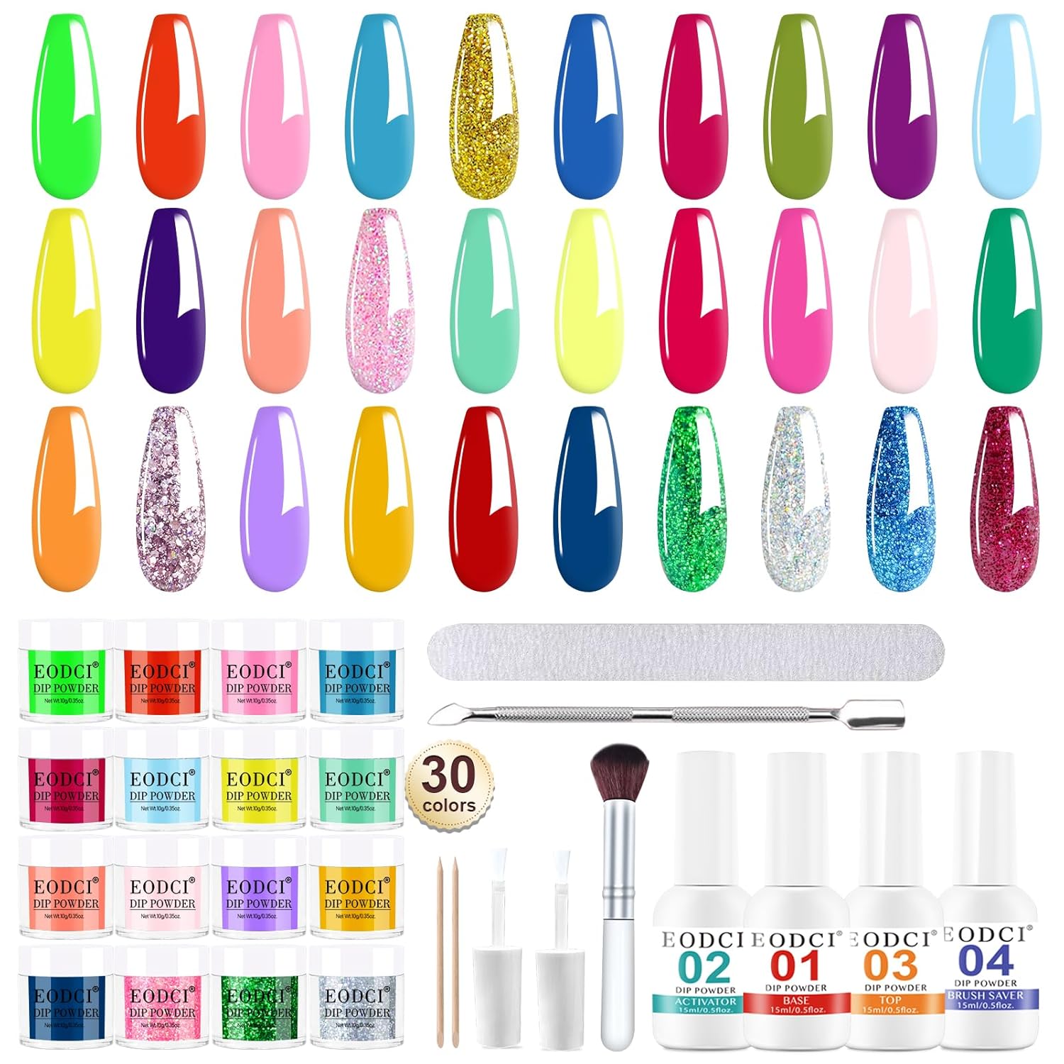 Dip Powder Nail Kit Starter, 30 Colors Dip Nails Bright Hot Pink Glitter, Rainbow Color Acrylic Dipping Powder Liquid Set with Base/Top Coat Activator Brush Saver for Manicure DIY Gift