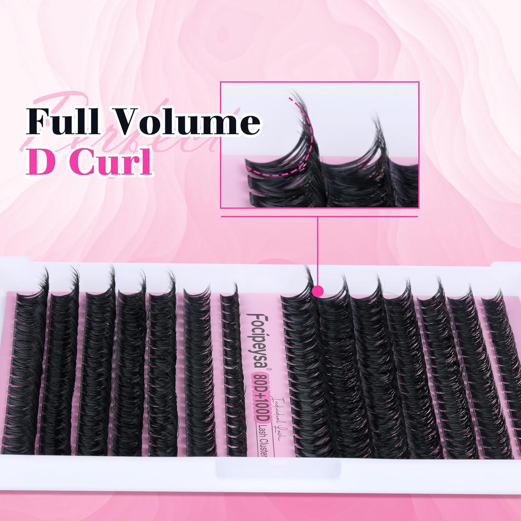 Focipeysa DIY Eyelash Extension Kit Lash Extension Kit D Curl Lash Clusters Kit Individual Eyelashes with Lash Bond and Lash Seal, Tweezers, DIY Lashes at Home (280Pcs 80D+100D 8-16mm)