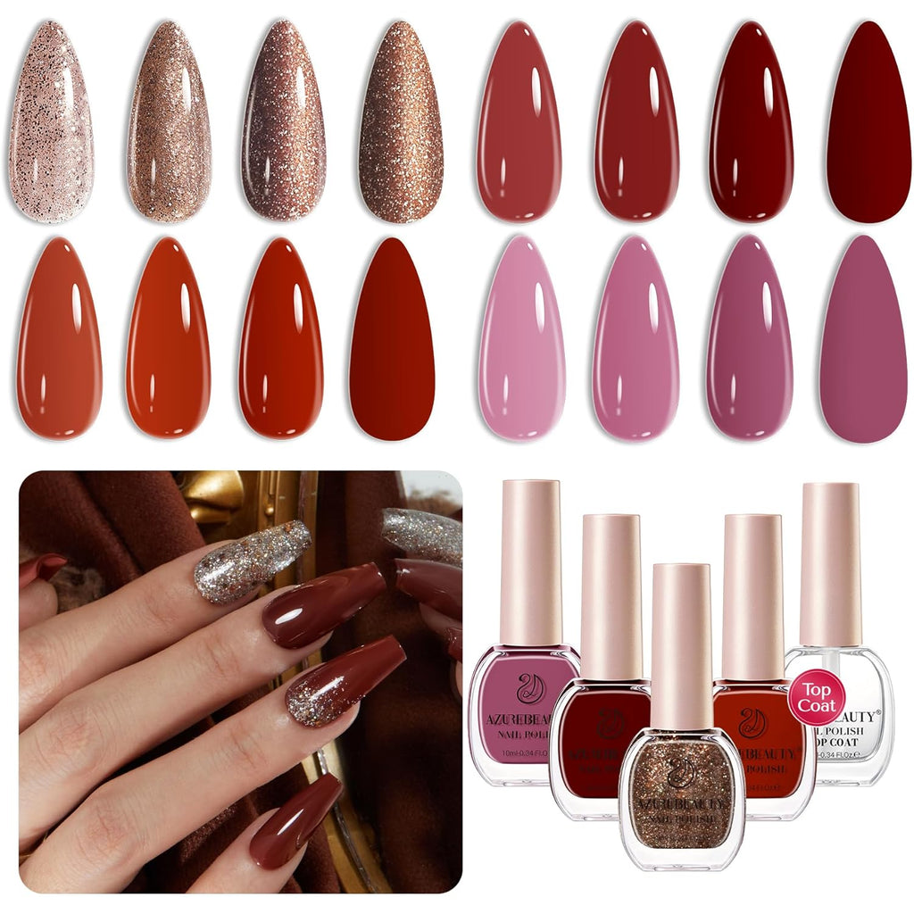 AZUREBEAUTY Nail Polish Set, 4 Colors Rose Red Purple Glitter Quick Dry Natural Nail Lacquer Strengthening Treatment Kit with Top Coat DIY Salon at Home