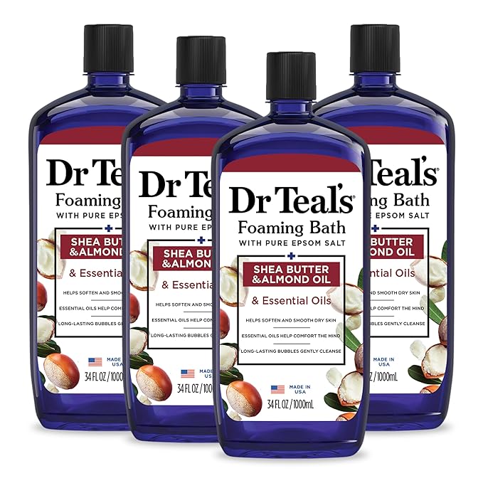 Dr Teal's Foaming Bath with Pure Epsom Salt, Shea Butter & Almond, 34 fl oz (Pack of 4) (Packaging May Vary) & Pure Epsom Salt Soak, Soothe & Comfort with Oat Milk & Argan Oil, 3 lbs