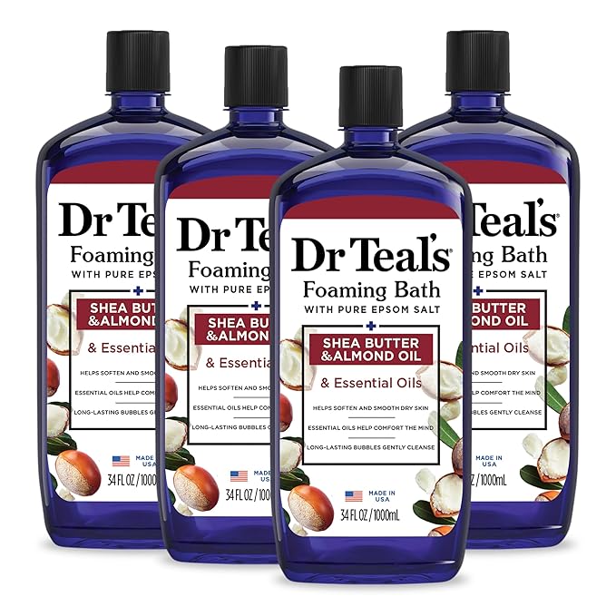 Dr Teal's Foaming Bath with Pure Epsom Salt, Shea Butter & Almond, 34 fl oz (Pack of 4) (Packaging May Vary) & Salt Soak with Pure Epsom Salt, Shea Butter & Almond, 3 lbs