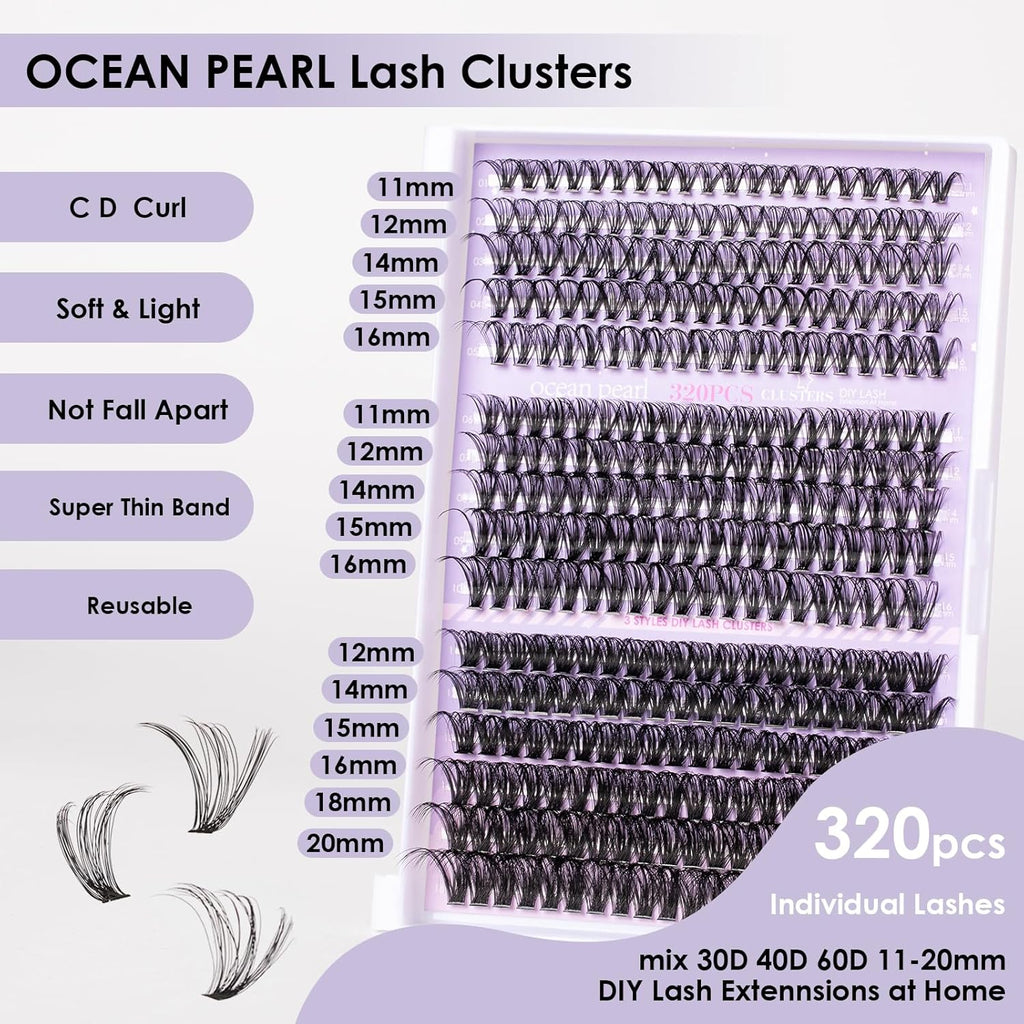Ocean Pearl Lash Clusters 320PCS Natural Individual Lashes 11-20MM 30D 40D 60D Thick Volume Eyelash Extensions Soft Eyelashes D Curl Eyelash Clusters DIY Lash Extension-30+40+60D