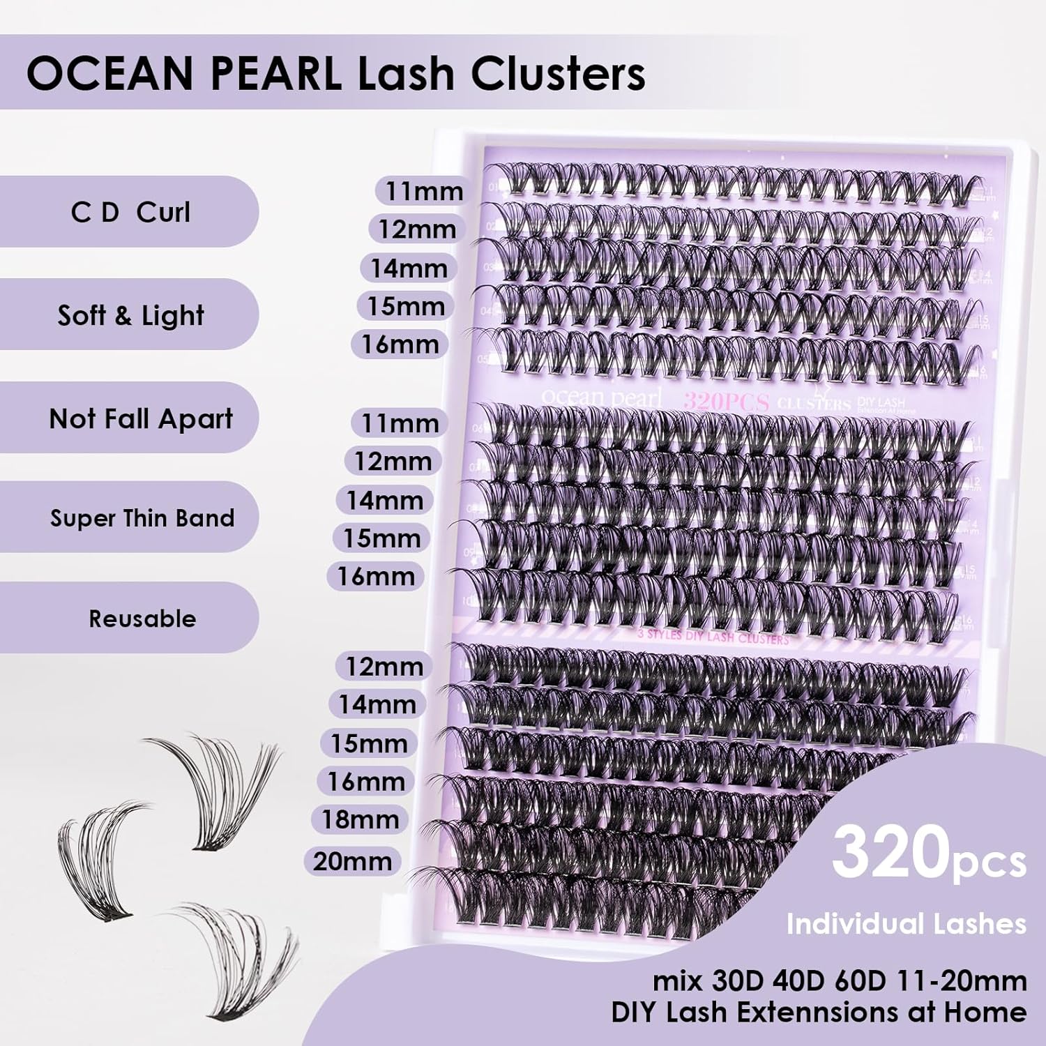 Ocean Pearl Lash Clusters 320PCS Natural Individual Lashes 11-20MM 30D 40D 60D Thick Volume Eyelash Extensions Soft Eyelashes D Curl Eyelash Clusters DIY Lash Extension-30+40+60D