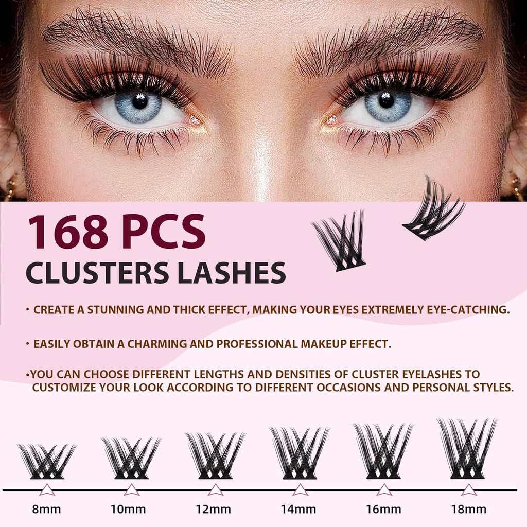 Lash Clusters kit 8-18mm DIY Eyelash Extension Kit 168 Natural Lash Clusters 0.07D D Curl Wispy Individual Eyelash Clusters False Lashes Eye Lash Extension Lash Kits