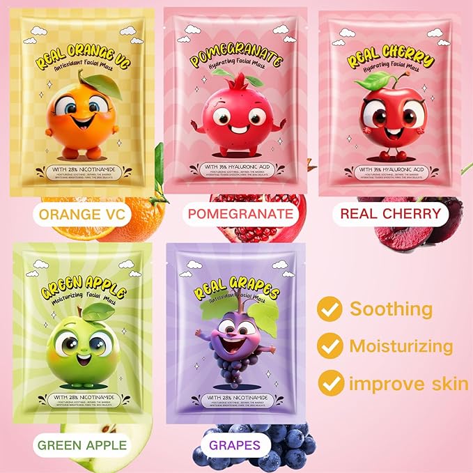 10 Pack Fruit Kids Facial Face Masks, Kids Facial Spa Kit for Girl, Fruit Face Masks for Kids, Moisturize Soothe for All Skin Types, Christmas Birthday Gifts for Women Men Girls