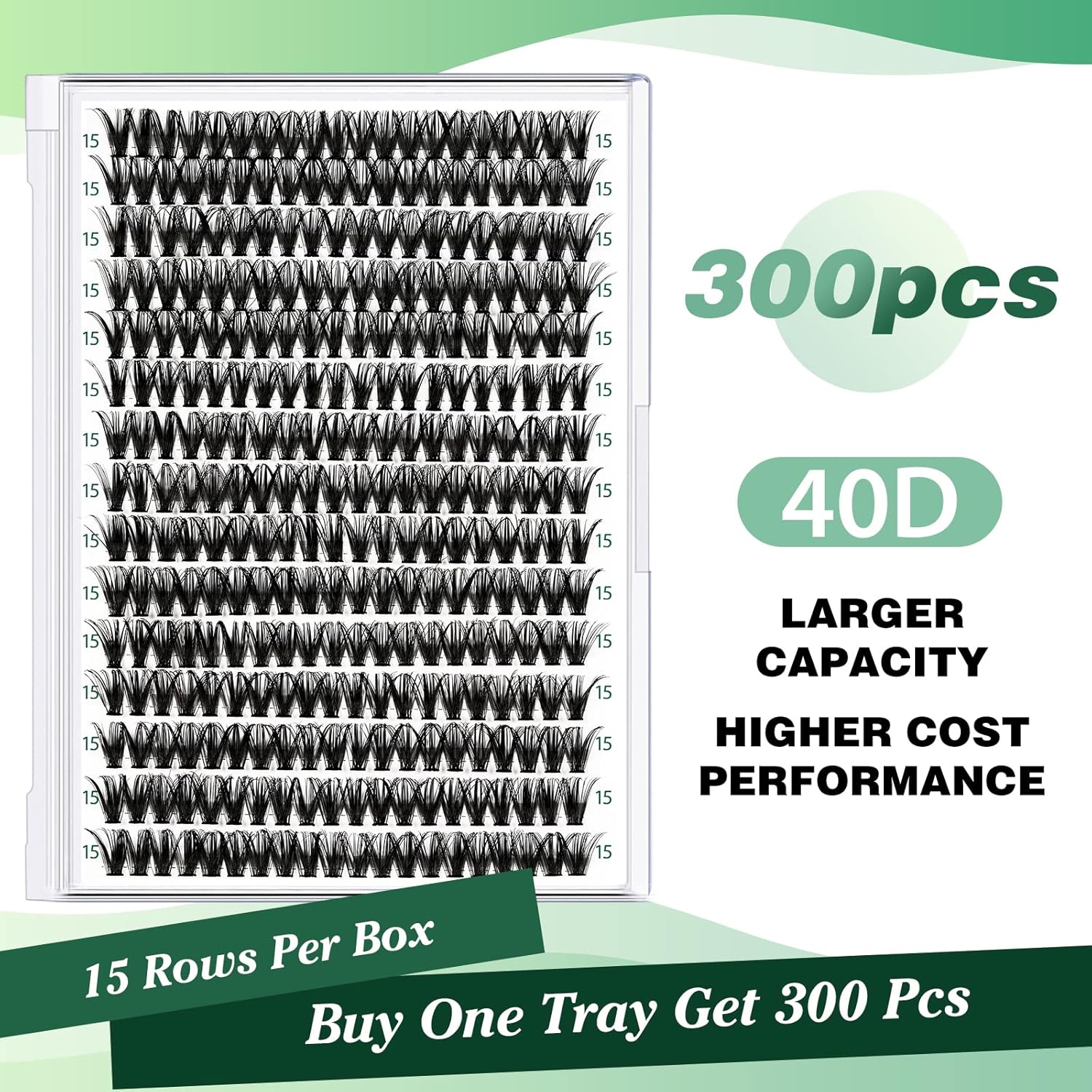 Lash Clusters 300pcs Individual Lashes 40D 0.07C Curl 15mm DIY Eyelash Extension KEYYOU Large Tray Volume Soft&Natural Cluster Lashes(40D-0.07C,15）