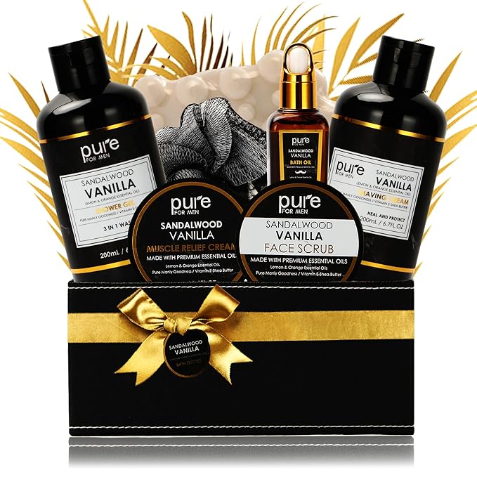 Pure Mens Bath and Body Gift Set. 7 Pc Natural Spa Gift Basket for Men. Spa Gift Set is #1 Ideal Gift for Men That Care about themselves!