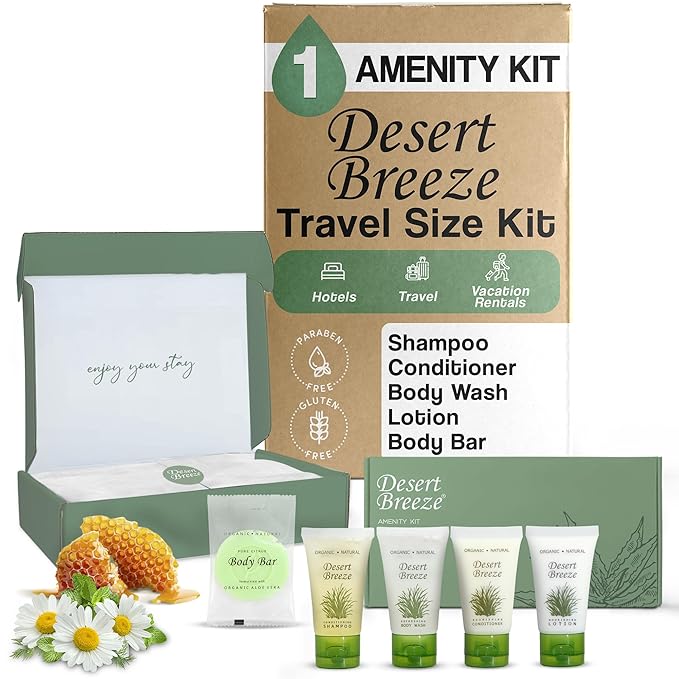 Amenity Kit | Boxed Hotel Toiletries Bulk Set | 1 oz Shampoo, Conditioner, Lotion, Body Wash & Body Bar Soap | 1 Set per Case