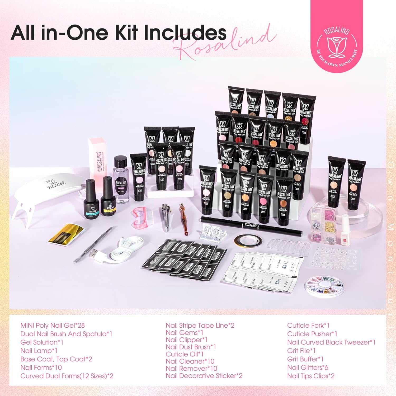 ROSALIND Poly Nail Gel Kit for Beginners - 28 Colors Extension Gel Set with UV/LED Nail Lamp, 72 Accessories (Base/Top Coat, Nail Forms, Tools), Long Lasting Salon Kit for DIY Manicure