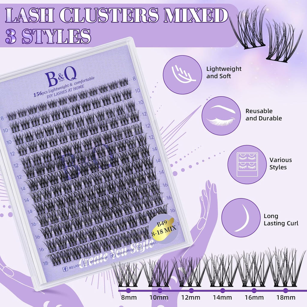 Lash Extension Kit B49 Eyelash Extension Kit B&Qaugen DIY Lash Extension Kit 156 PCS Lash Clusters 8-18mm Cluster Eyelash Extensions Kit with Lash Bond and Seal Lash Applicator Tool (Kit,B49)
