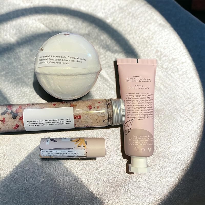 Natural Amor Handmade Spa Gifts for Women, Thank you Gift, 5pcs Gift Set for Women,Includes Bath Salt, Bath Bomb, Lip Balm