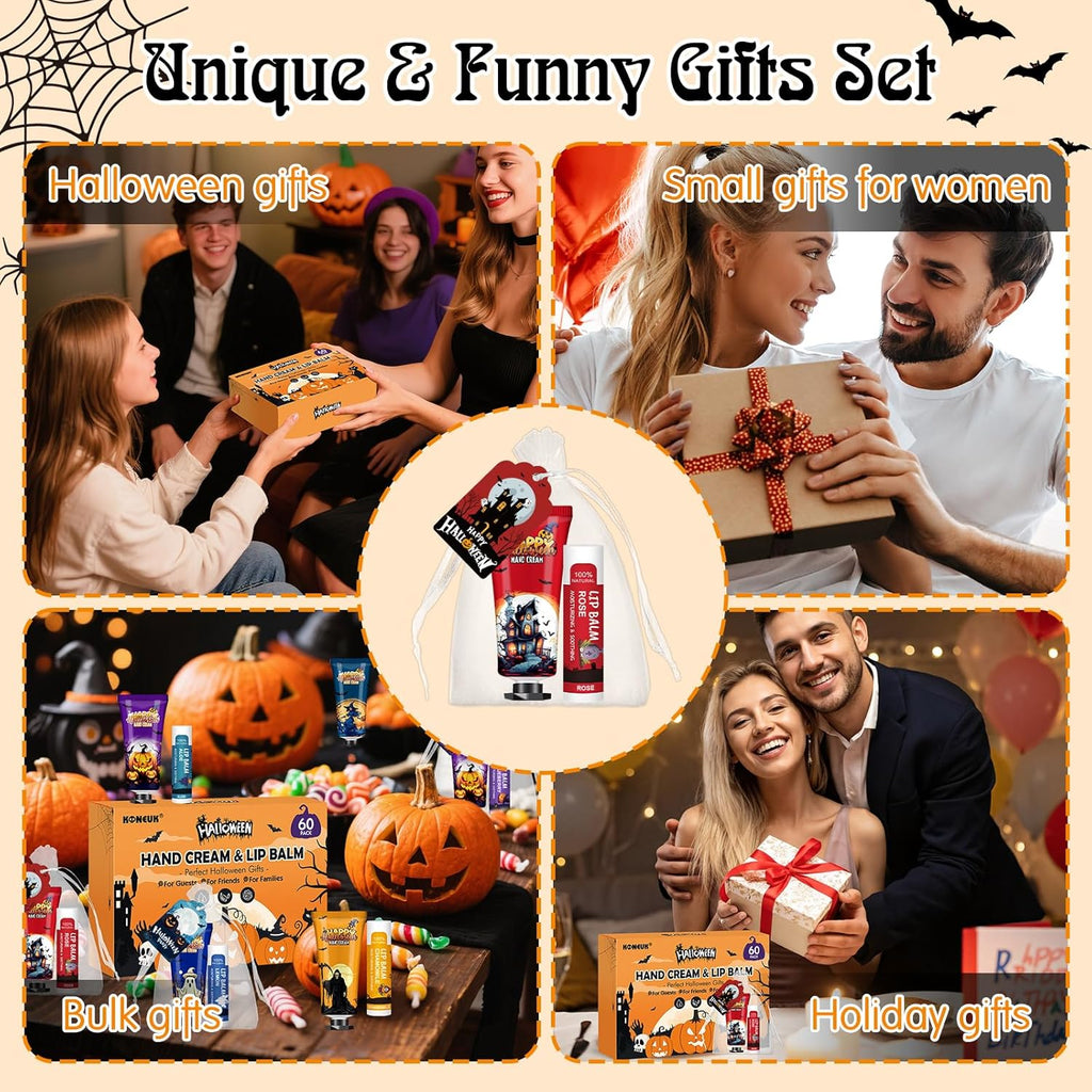 60 Pack Halloween Hand Cream and Lip Balm Set for Women, Bulk Hand Lotion for Halloween Gifts, Halloween Party Favors, Party Supplies, Decorations, Goodie Bags with Halloween Card and Organza Bags