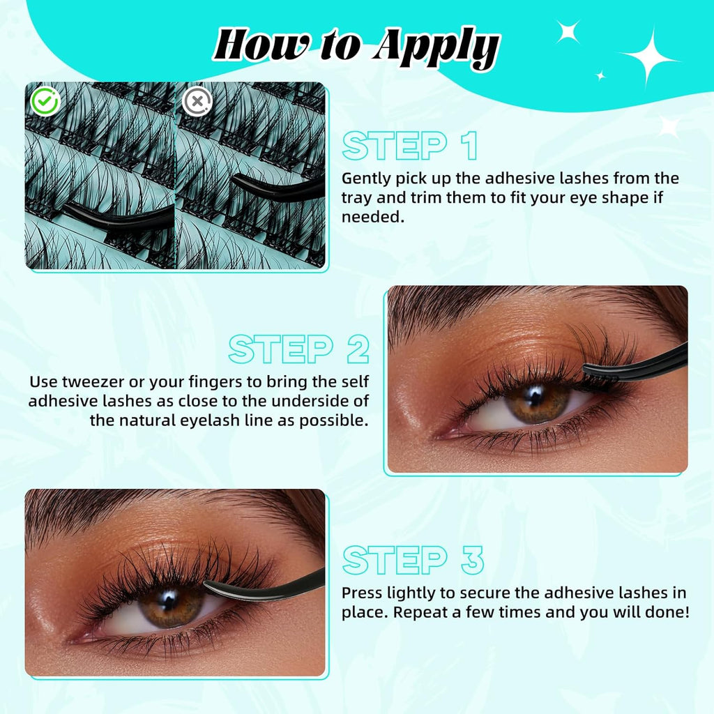 120PCS Self Adhesive Eyelashes Natural C Curl 8-16mm Self Adhesive Lash Clusters,No Lash Glue Needed,Impress Lashes Wide Stem Lashes Extension