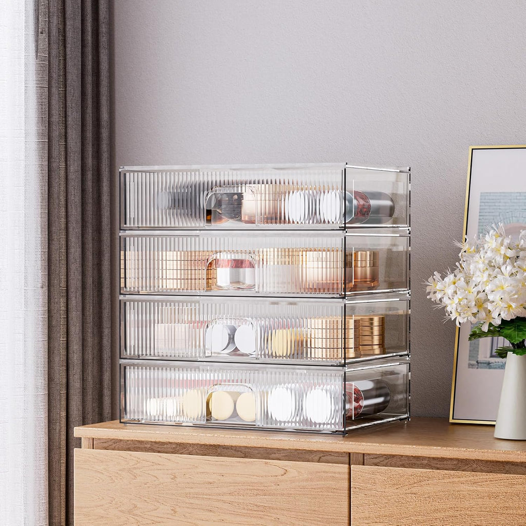 ZHIAI Stackable Storage Drawer, 4 Piece Acrylic Organiser for Cosmetics and Beauty Products, Suitable for Dressers, Bathrooms, Cabinets, Storage Rooms, Bedrooms and Home Organisers
