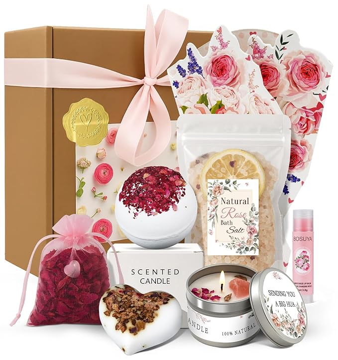 Spa Gifts for Women - Mothers Day Gifts for Mom, Self Care Kit, Birthday Anniversary Care Package Ideas for Wife Girlfriend Her, from Husband Daughter Friend, 8PCS Items with Rose Scent Themed