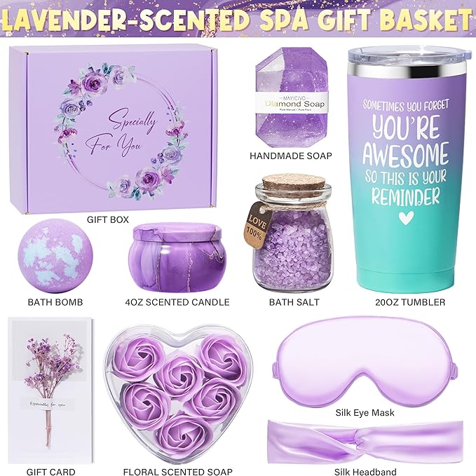 MAYICIVO 10PCS Relaxing Spa Gift Basket for Women, Lavender Self Care Gifts, Birthday, Christmas, Valentine's Day Gifts for Her