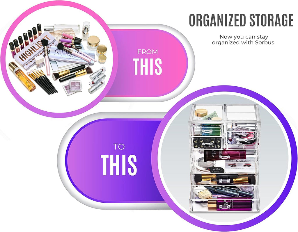 Sorbus Acrylic Makeup Organizer Set, 7-Drawer Vanity & Countertop Cosmetic Storage with Small & Wide Drawers, Clear Makeup Storage for Brushes, Lipsticks, Jewelry – Holiday Gift for Women & Teens