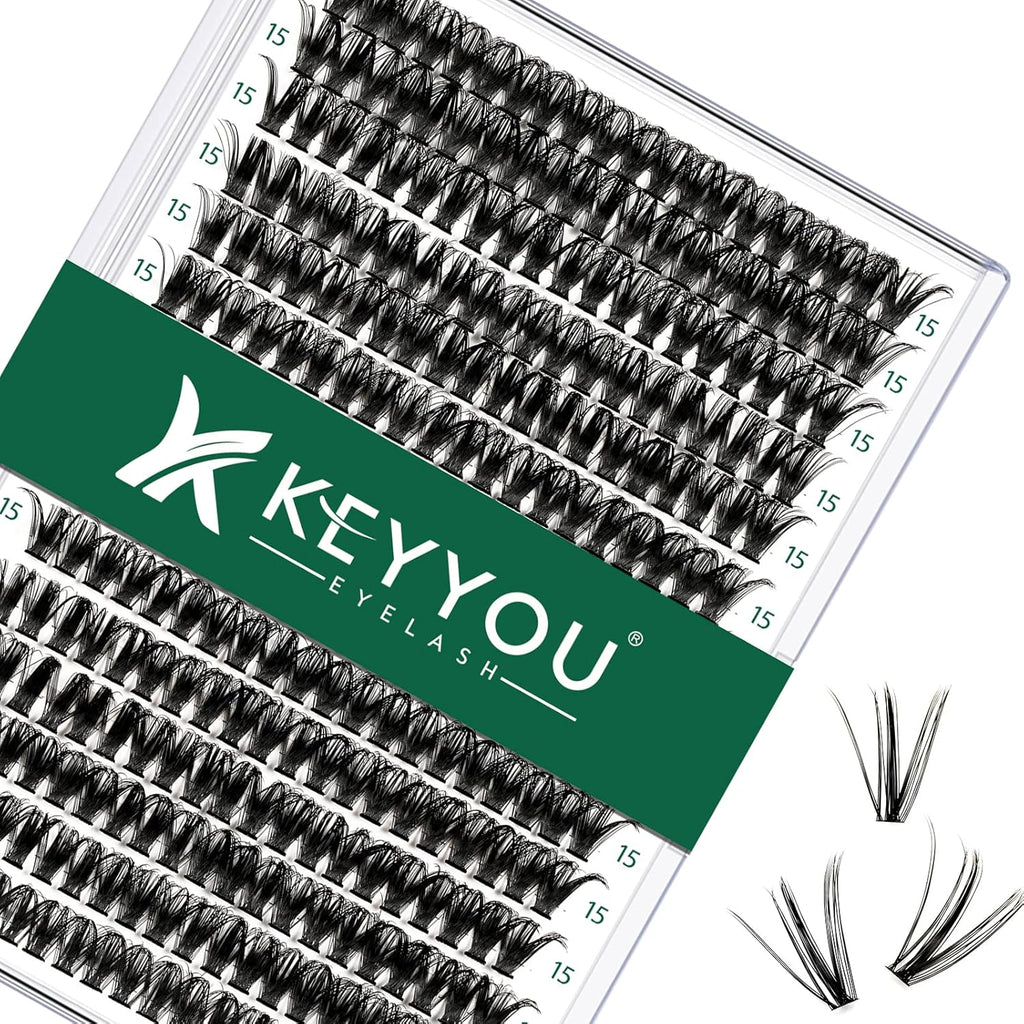 Lash Clusters 300pcs Individual Lashes 40D 0.07D Curl 15mm DIY Eyelash Extension KEYYOU Large Tray Volume Soft&Natural Eyelash Clusters(50D-0.07D,15）