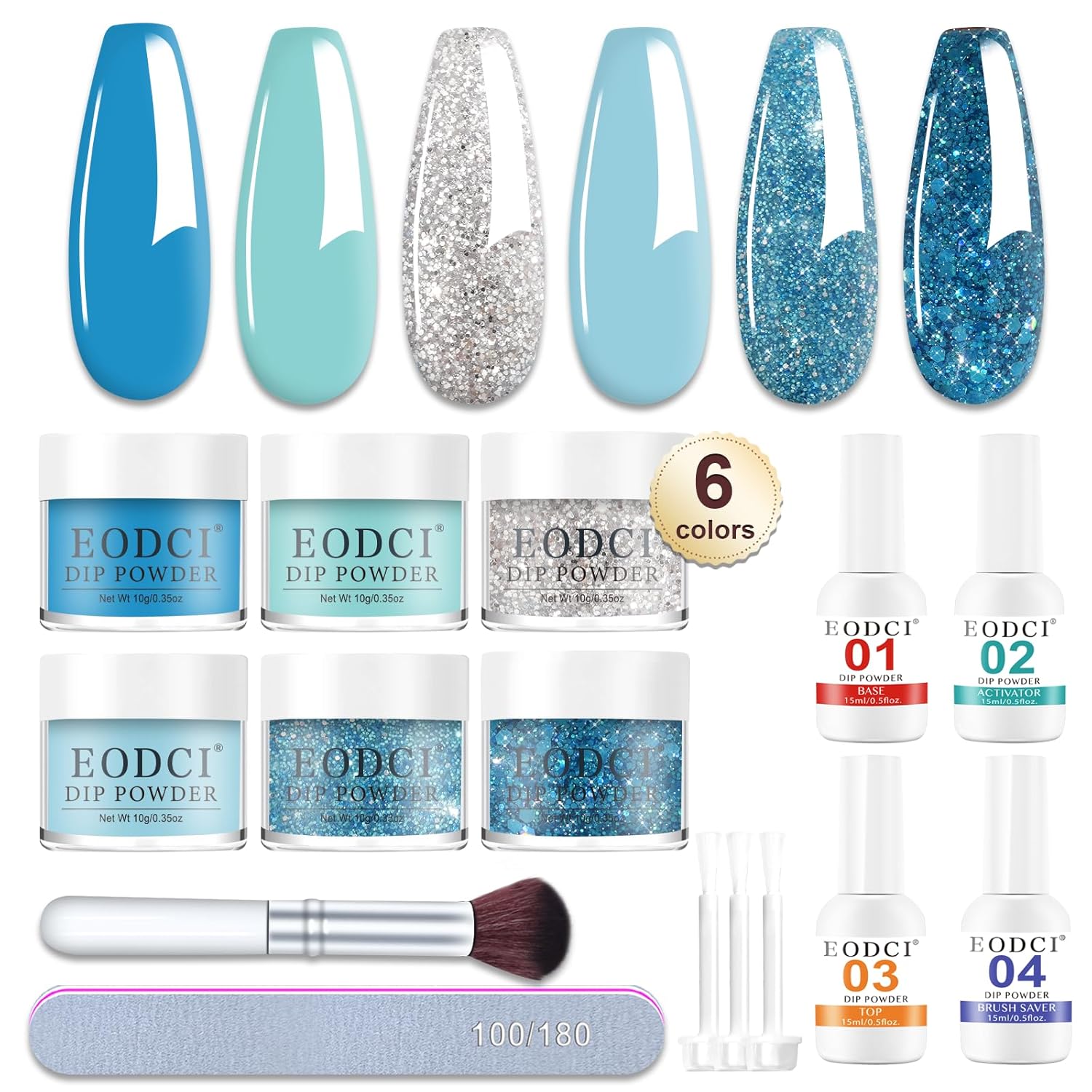 12 Pcs Dip Powder Nail Kit Starter, 6 Colors Glitter Blue Snow Dipping Powder Kit With Base & Top Coat/Activator/Brush Saver, Nail Art Manicure Salon DIY for Daily at Home Party Gifts for Women