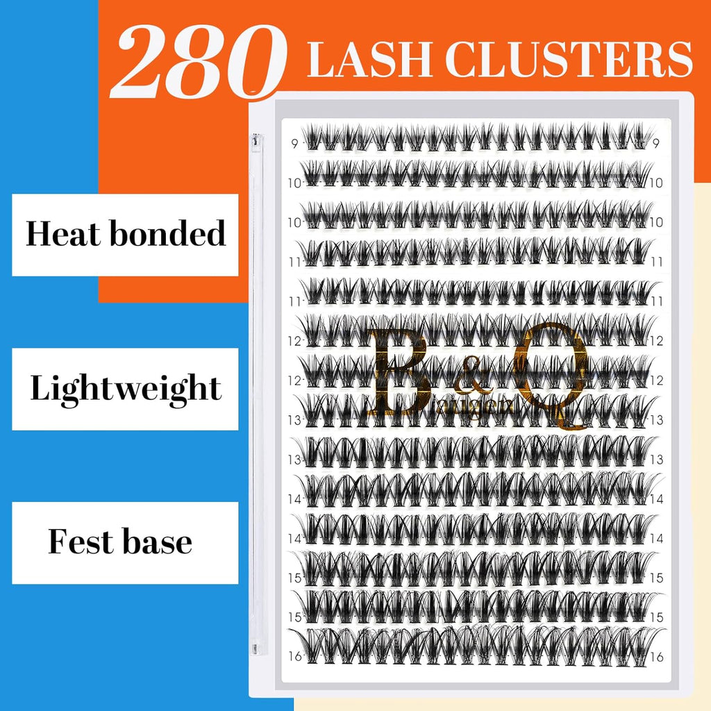B&Q Lash Clusters 40D-D-9-16MIX Individual Lashes 280 Clusters Manga Lashes False Eyelash DIY Eyelash Extensions at Home (40D-D,9-16MIX)