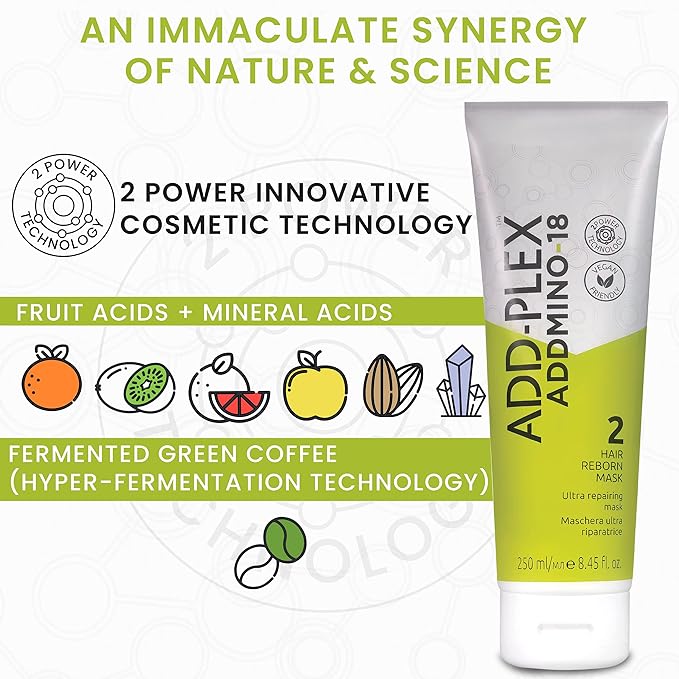 ADDMINO-18 Hair Mask - Reborn Hair Mask for Dry and Damaged Hair and Growth with 18 Amino Acids - Nourishing Hair Treatment - With Pear/Linseed Oil for Hair Care - 250ml/8.45 Fl Oz