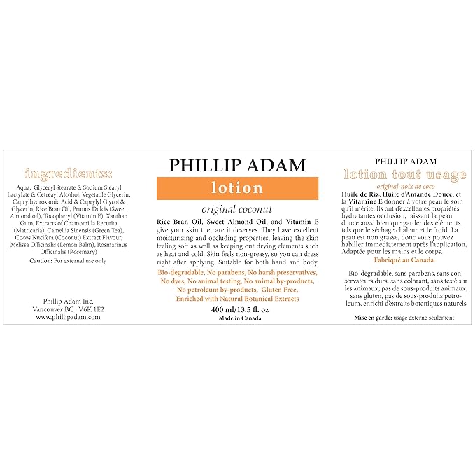 Phillip Adam Coconut Hand and Body Lotion - Lightweight Moisturizer for All Skin Types - 13.5 Fl Oz