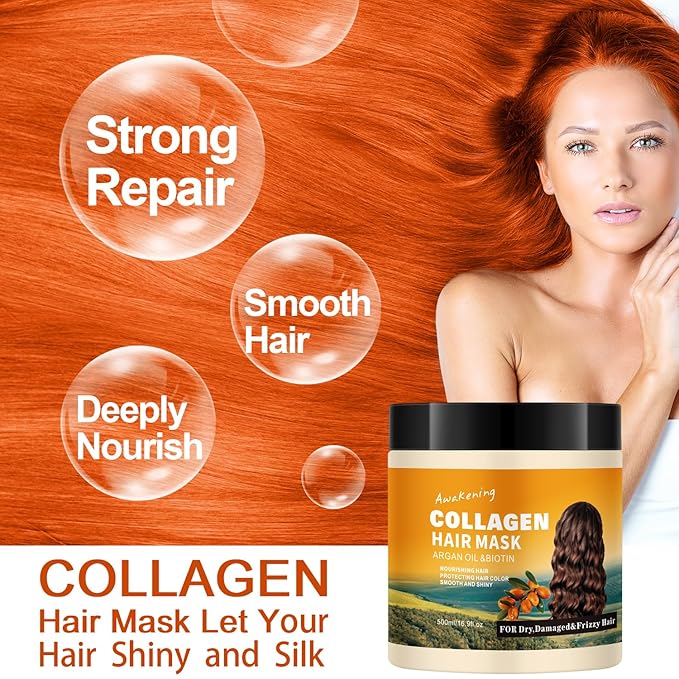 Collagen Hair Mask & Treatment – Deep Conditioner for Dry, Damaged, Frizzy, or Curly Hair – Repairing & Hydrating Care with Biotin, Argan Oil & Collagen – Paraben-Free, 16.9 Fl Oz